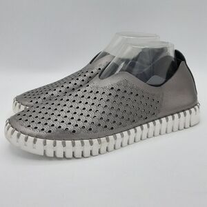 Ilse Jacobsen Tulip Gray Perforated Metallic Slip-On Loafer Sneakers.